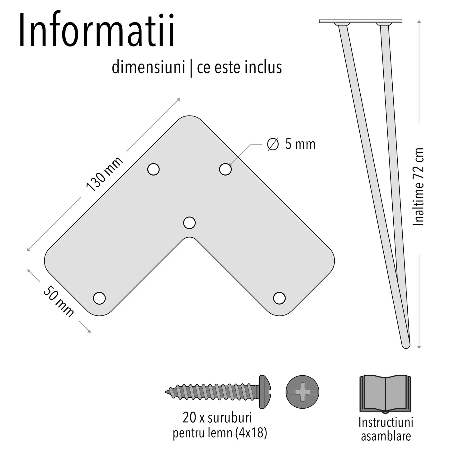 Set 4 picioare metalice masă Hairpin înălțime 72 cm